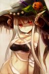 bandages bare_shoulders bottomless breasts character_request cleavage hat horns long_hair maho_moco navel pumpkin red_eyes silver_hair simple_background 