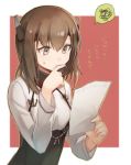  1girl bangs brown_eyes brown_hair kantai_collection long_sleeves paper short_hair solo sweatdrop taihou_(kantai_collection) translation_request veryberry00 