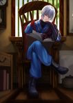  1boy alternate_costume book clock closed_eyes hair hoshara kourindou long_sleeves morichika_rinnosuke reading short_hair silver_hair sleeping touhou 