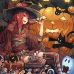  &gt;:d 1girl :d bat candy cat ghost halloween hat holding jack-o&#039;-lantern lollipop long_hair looking_at_viewer open_mouth original red_eyes redhead sitting smile window1228 witch_hat 