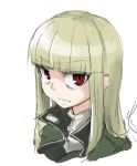  1girl bags_under_eyes bangs blonde_hair blunt_bangs bust grete_m_gollob light_frown long_hair makaze_hoihoi_chaahan_joutai military military_uniform red_eyes simple_background solo strike_witches uniform white_background 