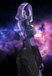  1girl absurdres alien ass bodysuit from_behind helmet highres kumo_ni_notte looking_back mass_effect quarian solo space tali&#039;zorah 