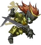  1boy brown_hair camouflage crossover elbow_blade green_eyes gundam gundam_spiegel knife magotoshi_(mago14) mecha ninja sarutobi_sasuke_(sengoku_basara) sd_gundam sengoku_basara short_hair 