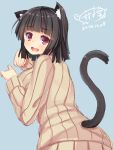  1girl animal_ears asa_no_ha black_hair cat_ears cat_tail fang naked_sweater original out-of-frame_censoring red_eyes short_hair sketch sweater tail 