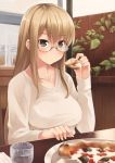  1girl blush breasts food glasses green_eyes highres kouno_hikaru long_hair original pizza solo 