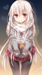  1girl can canned_coffee coffee heart kasu_(return) light_smile long_hair looking_at_viewer pantyhose red_eyes scarf sleeves_past_wrists solo white_hair 