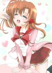  1girl blush closed_eyes frapowa headset heart kousaka_honoka love_live!_school_idol_project open_mouth ribbon skirt smile 