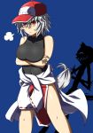  1girl :&lt; ashu bare_shoulders blue_background breasts collarbone covered_navel crossed_arms hat inubashiri_momiji large_breasts red_eyes shadow short_hair silver_hair simple_background solo tagme tail touhou wolf_tail 