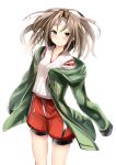  1girl blush brown_eyes brown_hair cowboy_shot haik headband highres hoodie japanese_clothes kantai_collection long_hair looking_at_viewer open_clothes open_hoodie shorts solo white_background zuihou_(kantai_collection) 