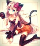 1girl animal_ears black_legwear blue_eyes bow breasts cat_ears cat_paws cat_tail cleavage english gloves hair_bow halloween highres ia_(vocaloid) long_hair paw_gloves paws pink_hair shorts tagme tail thigh-highs tyokoa4649 vocaloid 