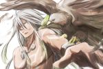  1boy bird grin jewelry long_hair male mishiro_(andante) necklace shirtless smile solo tales_of_(series) tales_of_zestiria tattoo white_background white_hair yellow_eyes zavied_(tales) 