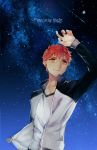  1boy emiya_shirou fate/stay_night fate_(series) letterman_jacket mina_(1532) redhead sky solo star_(sky) starry_sky yellow_eyes 