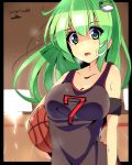  1girl alternate_costume armband artist_name bare_shoulders basketball basketball_court basketball_sleeve basketball_uniform breasts collarbone dated frog_hair_ornament green_eyes green_hair hair_ornament hair_tubes highres jersey kochiya_sanae large_breasts long_hair looking_at_viewer miton15 number shirt snake_hair_ornament solo sportswear sweat sweatdrop touhou 