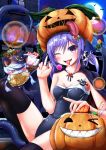  1girl bat blush_stickers bubble candy cape cat collarbone covered_navel crescent_moon demon_girl demon_tail demon_wings fang fangs fireworks hair_ornament halloween hat highres lollipop moon mummy one-piece_swimsuit one_eye_closed original pocky pumpkin pumpkin_hair_ornament pumpkin_hat purple_hair qixi_cui_xing red_eyes sharp_teeth skull_hair_ornament small_breasts stitches succubus swimsuit tail thigh-highs tongue tongue_out violet_eyes window wings witch_hat 