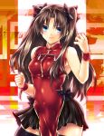  1girl black_legwear black_ribbon blue_eyes breasts brown_hair chinese_clothes fate/stay_night fate_(series) fighting_stance hair_ribbon long_hair ribbon skirt solo thigh-highs tohsaka_rin toosaka_rin twintails ty_1865 wristband 