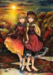  2girls aki_minoriko aki_shizuha artist_name autumn autumn_leaves barefoot blonde_hair brown_eyes brown_hair clouds dated food forest fruit grapes grass hat holding_hands looking_at_another looking_at_viewer mosho multiple_girls nature neck_ribbon ribbon short_hair siblings signature sisters skirt skirt_lift sky smile sun sunlight sunset touhou traditional_media tree water watercolor_(medium) wind yellow_eyes 