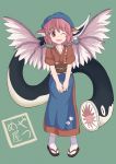  1girl animal_ears apron bandana eel fish food_stand green_background head_scarf highres japanese_clothes lamprey looking_at_viewer mystia_lorelei nikori okamisty open_mouth pink_hair short_hair simple_background smile solo tasuki touhou wings yatai 