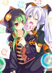  2girls ;q absurdres blurry candy depth_of_field fang green_hair hair_ornament halloween highres holding hoodie licking lollipop multiple_girls nyori one_eye_closed original ponytail red_eyes sitting smile tongue tongue_out white_hair yellow_eyes 