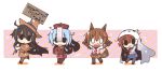  4girls akatsuki_(kantai_collection) animal_ears ascot black_hair blue_hair brown_hair candy chibi collar fang ghost gloves hair_ornament hairclip halloween halloween_costume hat hibiki_(kantai_collection) ikazuchi_(kantai_collection) inazuma_(kantai_collection) jiangshi kantai_collection lollipop multiple_girls open_mouth pantyhose paw_gloves shiro_to_yama sign skirt solid_oval_eyes tail trick_or_treat werewolf witch witch_hat 