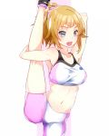  1girl bike_shorts blue_eyes blush breasts brown_hair gundam gundam_build_fighters gundam_build_fighters_try hoshino_fumina large_breasts leg_up looking_at_viewer midriff navel open_mouth ponytail scrunchie short_hair smile solo sports_bra stretch touryou 