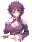  1girl bare_shoulders breasts cleavage cleavage_cutout curry curry_rice eating female folks_(nabokof) food large_breasts liebert_(majin_bone) looking_at_viewer majin_bone purple_hair red_eyes short_hair solo spoon 