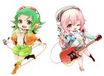  2girls blush breasts chibi crossover electric_guitar goggles goggles_on_head green_eyes green_hair guitar gumi hair_ornament headphones high_heels highres instrument long_hair looking_at_viewer microphone multiple_girls navel nijita18 nitroplus open_mouth pink_eyes pink_hair plectrum short_hair skirt smile solo super_sonico under_boob vocaloid 