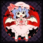  1girl :d ascot bat bat_wings blue_hair blush_stickers dress fang hands_on_hips highres looking_at_viewer mob_cap open_mouth pink_dress red_eyes remilia_scarlet shinshiusa shoes short_hair smile socks solo touhou white_legwear wings 