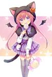  1girl animal_hood bat_wings brown_hair candy cat_hood cat_tail detached_wings halloween highres holding hood licking lollipop long_hair looking_at_viewer original sketch solo tail thigh-highs twintails usashiro_mani violet_eyes wings zettai_ryouiki 
