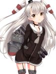  1girl amatsukaze_(kantai_collection) blush brown_eyes garter_straps gotou_jin hair_tubes kantai_collection long_hair looking_at_viewer school_uniform serafuku silver_hair simple_background solo thigh-highs twintails two_side_up white_background windsock 