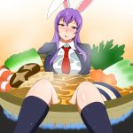  1girl animal_ears bangs black_legwear blazer blue_fire blush breasts collared_shirt cooking crescent fire flame food head_tilt highres lactone large_breasts long_hair looking_at_viewer object_namesake open_mouth partially_submerged rabbit_ears red_eyes reisen_udongein_inaba skillet solo soup steam sweat touhou udon violet_eyes wet wet_clothes 