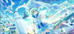  1girl bird blue_eyes green_hair highres original sakakidani short_hair sky solo thigh-highs 