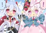  ! 2girls ahoge blush breasts cleavage crossover hair_ornament hair_rings hata_no_kokoro holding long_hair matoi_(pso2) milkpanda multiple_girls oni_mask open_mouth phantasy_star phantasy_star_online_2 pink_eyes pink_hair plaid plaid_shirt red_eyes spoken_exclamation_mark staff surprised touhou twintails vs white_hair 