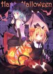  2girls alternate_costume arm_support asymmetrical_wings bare_shoulders bat_wings between_legs black_legwear blonde_hair finger_to_mouth flandre_scarlet halloween hand_between_legs jack-o&#039;-lantern kemonomimi_mode kohaku. lavender_hair looking_at_viewer looking_back miniskirt mob_cap multiple_girls pointy_ears pumpkin purple_shirt red_eyes red_legwear red_skirt remilia_scarlet short_hair short_twintails siblings sisters sitting skirt skirt_set sleeveless sleeveless_shirt smile thigh-highs touhou twintails wings 