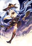  1girl :d bare_shoulders bisonbison black_gloves blue_eyes blue_hair broom elbow_gloves full_moon gloves halloween hat hatsune_miku long_hair looking_at_viewer moon navel open_mouth riding smile solo striped striped_legwear twintails vocaloid witch_hat 