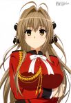  1girl absurdres aiguillette amagi_brilliant_park antenna_hair blush bow breast_hold breasts brown_eyes brown_hair hair_bow hair_intakes highres impossible_clothes large_breasts long_hair long_sleeves megami official_art ribbon scan sento_isuzu simple_background smile solo uniform white_background 