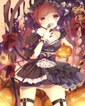  1girl animal_ears arm_garter asymmetrical_clothes bangs bare_shoulders blunt_bangs bow braid breasts candy cat_ears cat_tail chocolate cleavage cowboy_shot detached_sleeves dress frilled_dress frills garter_belt hair_bow hair_ornament hairband halloween heart highres kaenbyou_rin lolita_hairband long_hair looking_at_viewer multiple_tails neck_ribbon open_mouth puffy_short_sleeves puffy_sleeves pumpkin red_eyes redhead ribbon senju_(uroakono) short_sleeves skull_hair_ornament solo standing star strapless_dress tail tail_bow touhou twin_braids wrist_cuffs 