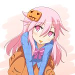  1girl blush candy cato_(monocatienus) food_in_mouth hata_no_kokoro lollipop long_hair looking_at_viewer mask mask_on_head pink_eyes pink_hair pumpkin smile solo touhou 