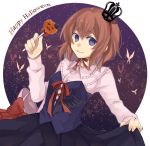  1girl bag blue_eyes brown_hair butterfly candy crown dress halloween happy_halloween jack-o&#039;-lantern lollipop skirt_hold smile umineko_no_naku_koro_ni ushiromiya_maria yuiki_(12692947) 