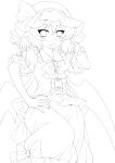  1girl :/ bat_wings bow eichi_yuu fang hand_on_hip highres lineart looking_at_viewer mob_cap monochrome pointy_ears remilia_scarlet short_hair sketch solo touhou transparent_background wings 