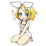 1girl blonde_hair blue_eyes bow hair_bow hair_ornament hairclip kagamine_rin looking_at_viewer one-piece_swimsuit open_mouth solo sweat sweatdrop swimsuit vocaloid white_swimsuit 