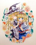  2girls alice_margatroid apron arm_around_shoulder black_dress blonde_hair blue_eyes blush bow capelet dress flower hairband hands_together hat kirisame_marisa multiple_girls niko_(2ars) open_mouth puffy_short_sleeves puffy_sleeves ribbon short_sleeves smile touhou traditional_media watercolor_(medium) winking witch_hat wrist_cuffs yellow_eyes 