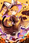  1girl adapted_costume alternate_costume animal animal_ears azuma_aya back bat bell black_gloves blonde_hair bloomers bow braid candy cat_ears chocolate clouds crescent_moon fang frills gloves hair_bow hair_ornament halloween hat hat_ribbon jack-o&#039;-lantern kemonomimi_mode kirisame_marisa kneehighs lollipop long_sleeves looking_at_viewer looking_back moon open_mouth puffy_sleeves ribbon shirt short_hair side_braid single_braid skirt skirt_hold skirt_set smile solo striped striped_legwear sweets tail text touhou underwear vest witch_hat yellow_eyes 