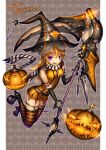  1girl gia halloween highres looking_at_viewer original solo striped striped_legwear thigh-highs weapon 