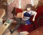  1girl archer black_legwear breasts brown_eyes brown_hair couch curtains fate/stay_night fate_(series) flight_deck highres japanese_clothes kaga_(kantai_collection) kantai_collection muneate muneneko parody short_hair side_ponytail sitting skirt solo thigh-highs window 