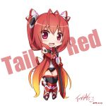  1girl bodysuit chibi genderswap gradient_hair langbazi long_hair multicolored_hair ore_twintail_ni_narimasu red_eyes redhead solo tail_red thigh-highs twintails weapon 