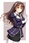  1girl alternate_costume ashigara_(kantai_collection) blouse breasts brown_eyes brown_hair gloves hair_ornament hairband jacket kantai_collection long_hair long_sleeves pantyhose skirt smile sotogawa_max velt white_gloves white_legwear 