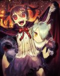  2girls animal_ears brown_hair cape cozy fangs fire gloves hair_over_one_eye halloween looking_at_viewer multiple_girls open_mouth original paw_gloves red_eyes shirt silver_hair skirt smile tail twintails vampire wolf_ears wolf_tail yellow_eyes 