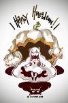  1girl absurdres big_hair breasts chibi cleavage covered_mouth deel_(rkeg) dress hairpods halloween happy_halloween highres jack-o&#039;-lantern kantai_collection long_hair midway_hime pale_skin red_eyes shinkaisei-kan solo strapless_dress very_long_hair white_dress white_hair 