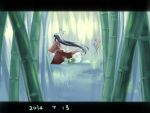 1girl bamboo bamboo_forest black_hair bow branch forest houraisan_kaguya japanese_clothes jeweled_branch_of_hourai long_hair long_skirt musical_note namauni nature skirt solo touhou wind