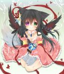  1girl animal_ears black_hair black_wings cat_ears copyright_request heterochromia kazato_fuuchi long_hair looking_at_viewer sitting smile solo wings 